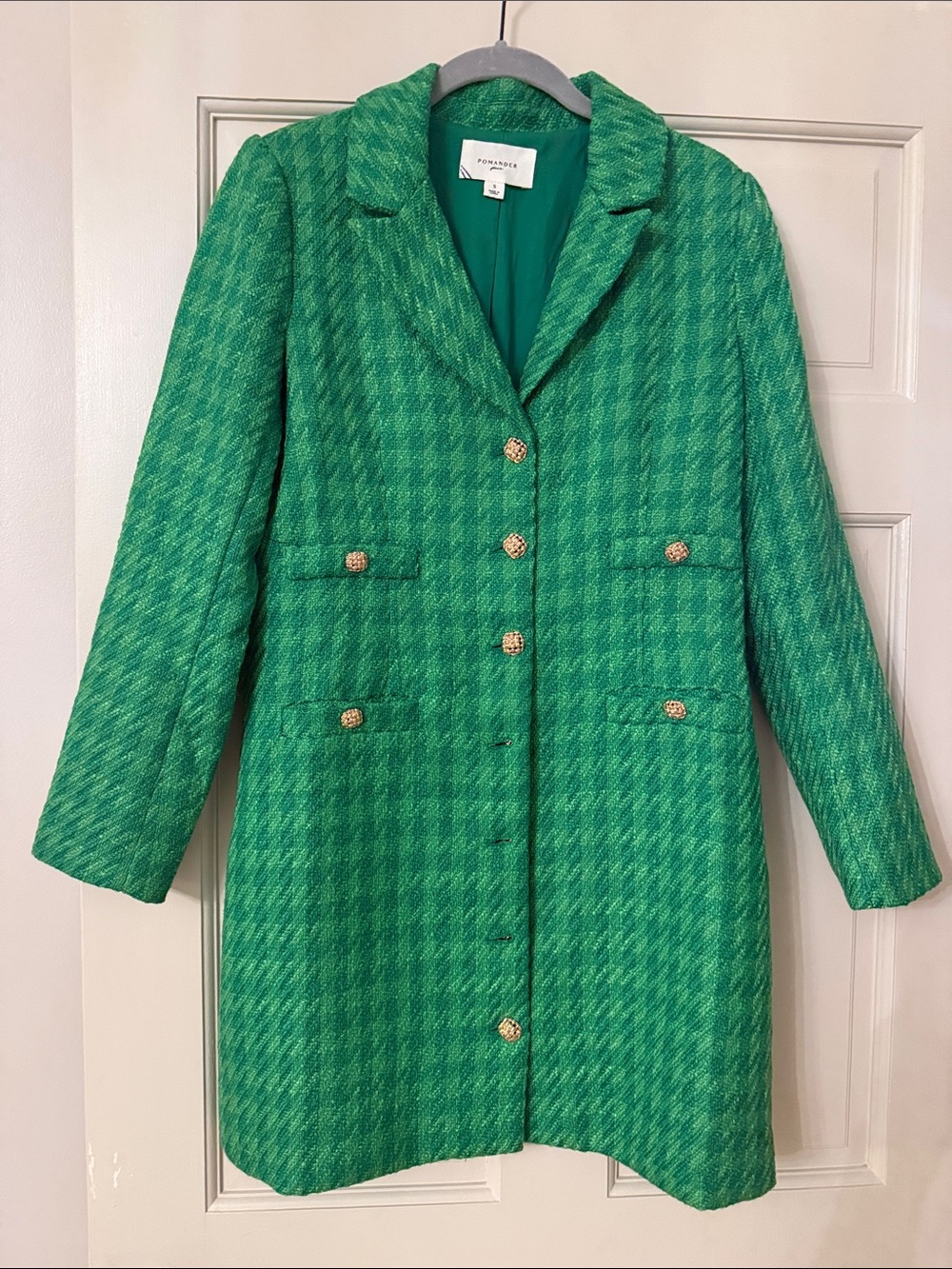 Green Tweed dress with Gold Buttons
